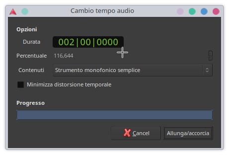 Finestra di dialogo cambio tempo audio