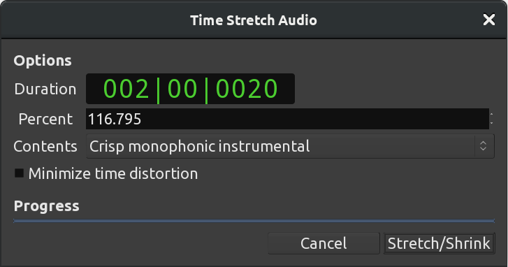 Boîte de dialogue Time Stretch Audio