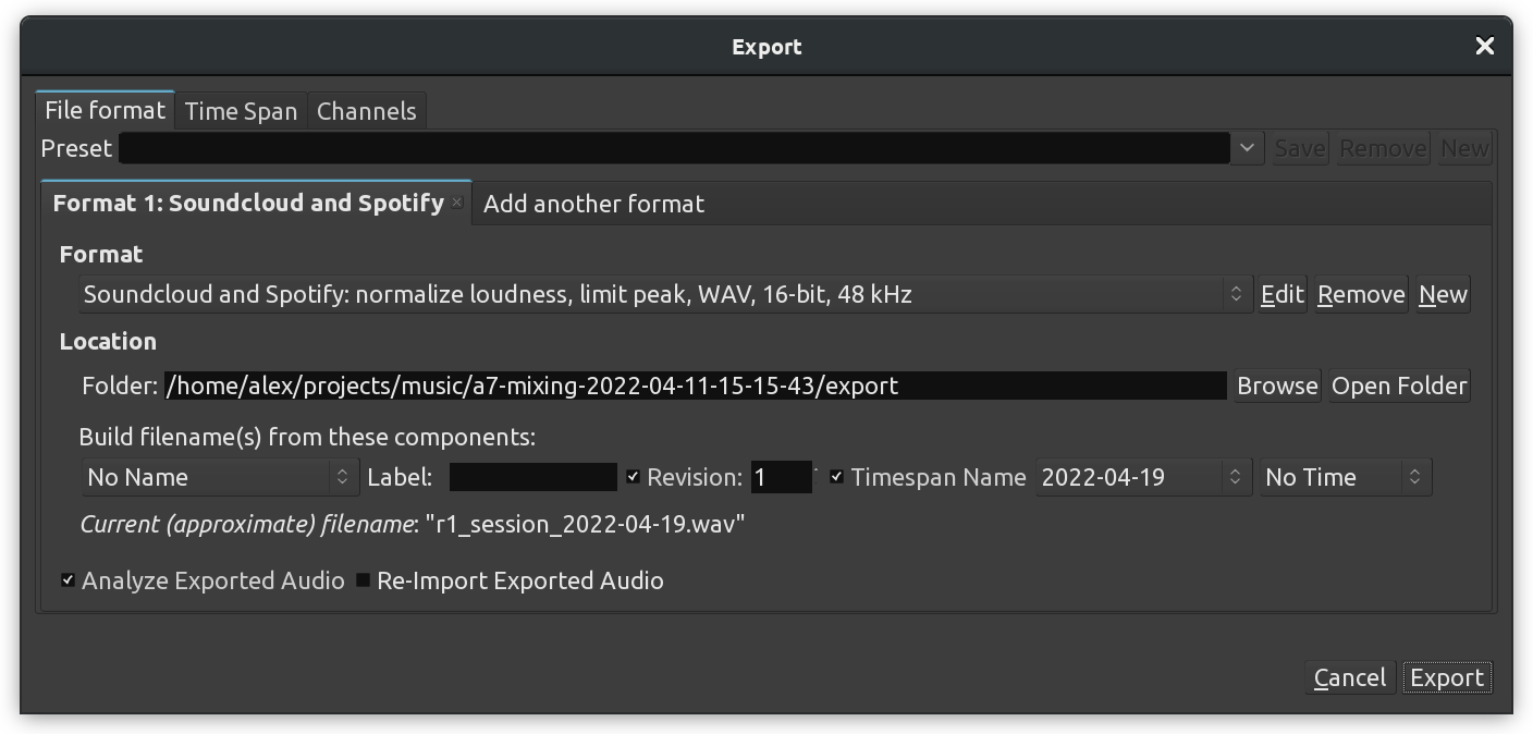 Export Session dialog