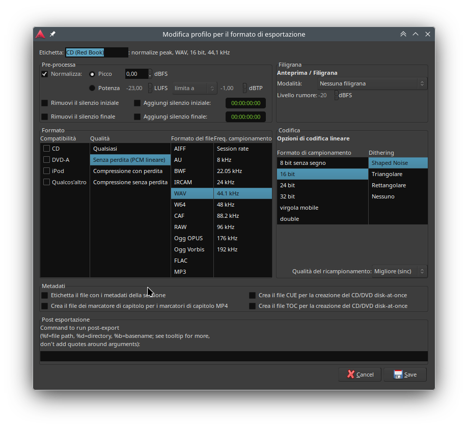 Modifica il formato di esportazione
