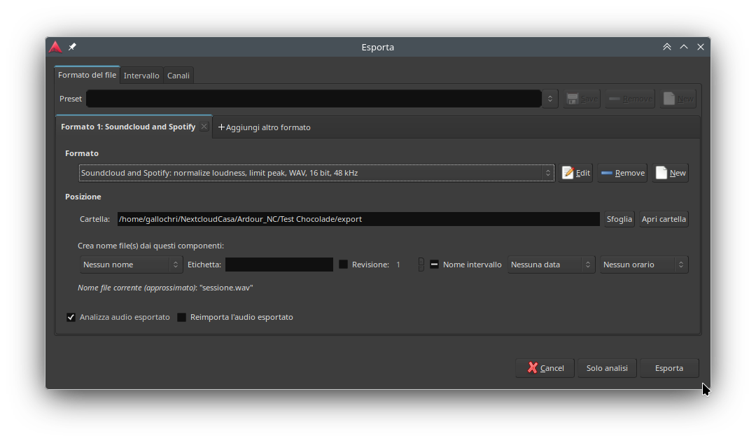 Finestra di dialogo Esporta sessione