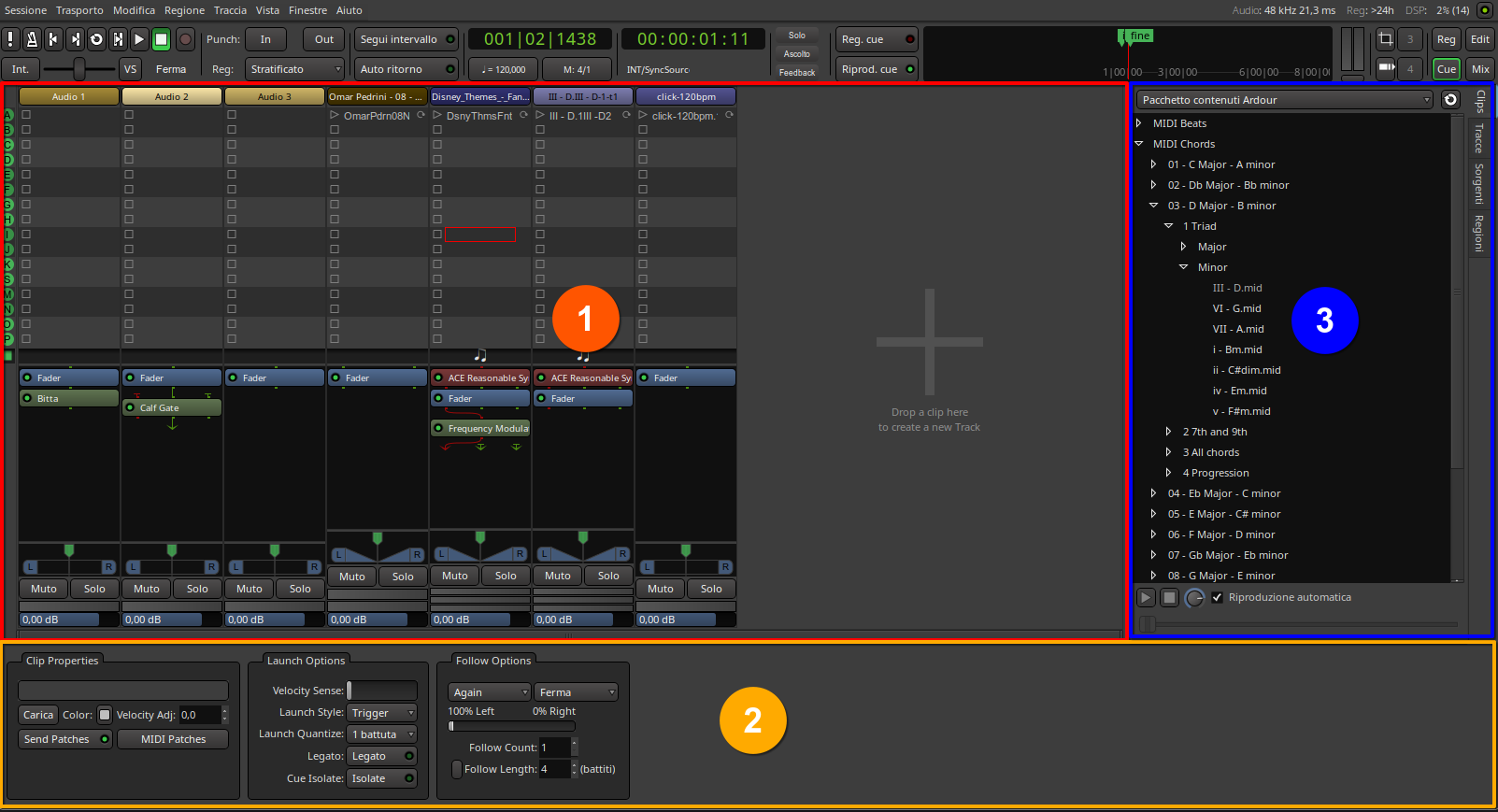 Sezioni della finestra cue
