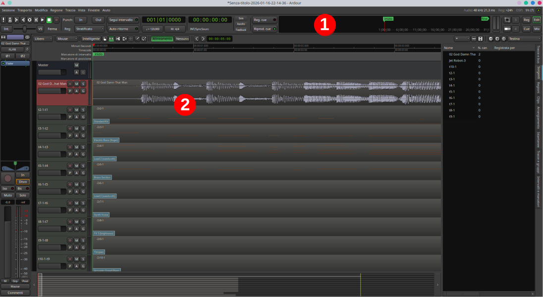 Finestra principale di Ardour 8