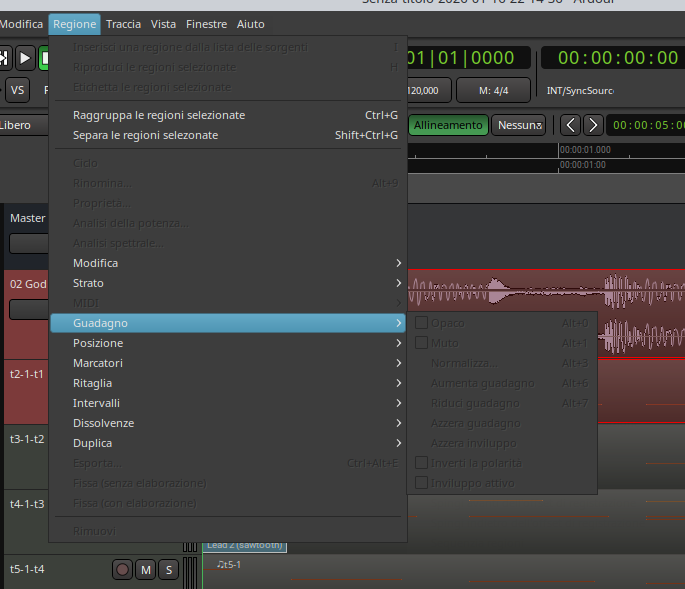 Menu del programma di Ardour 8