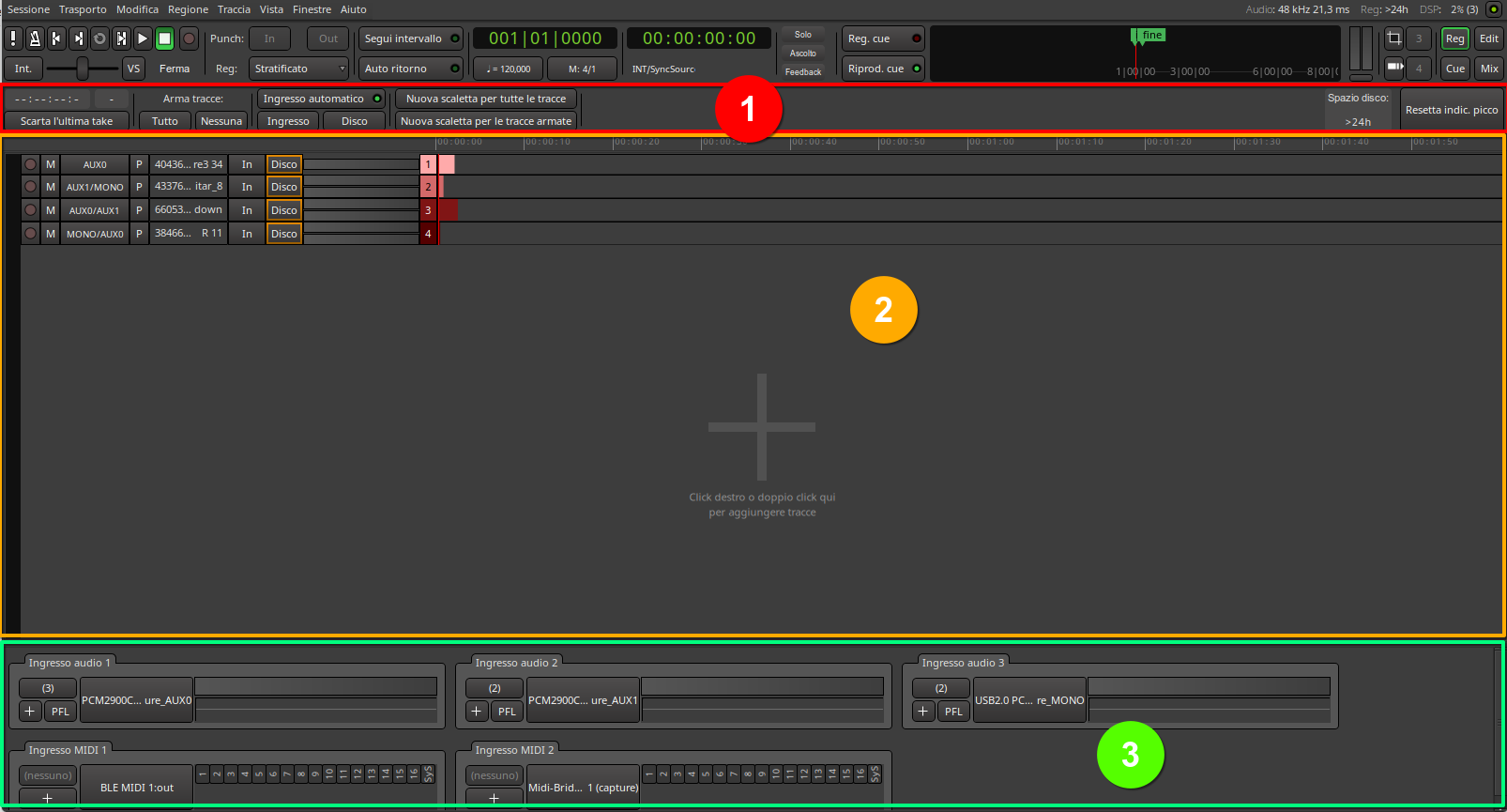 Sezioni della finestra Registratore