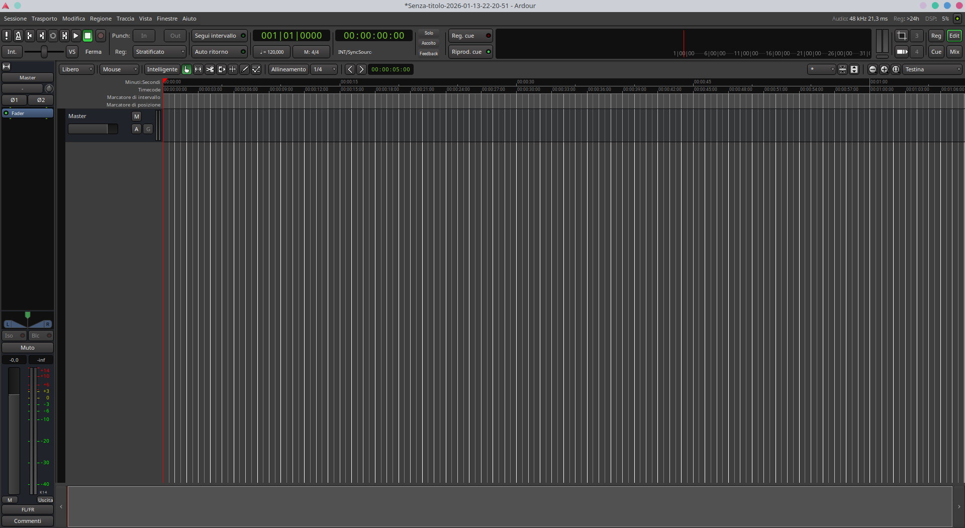 Finestra principale di Ardour, sessione vuota