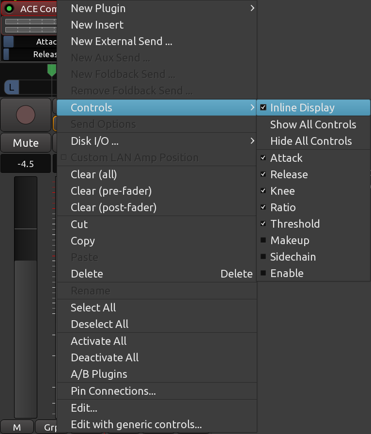 Controls submenu in Ardour 7