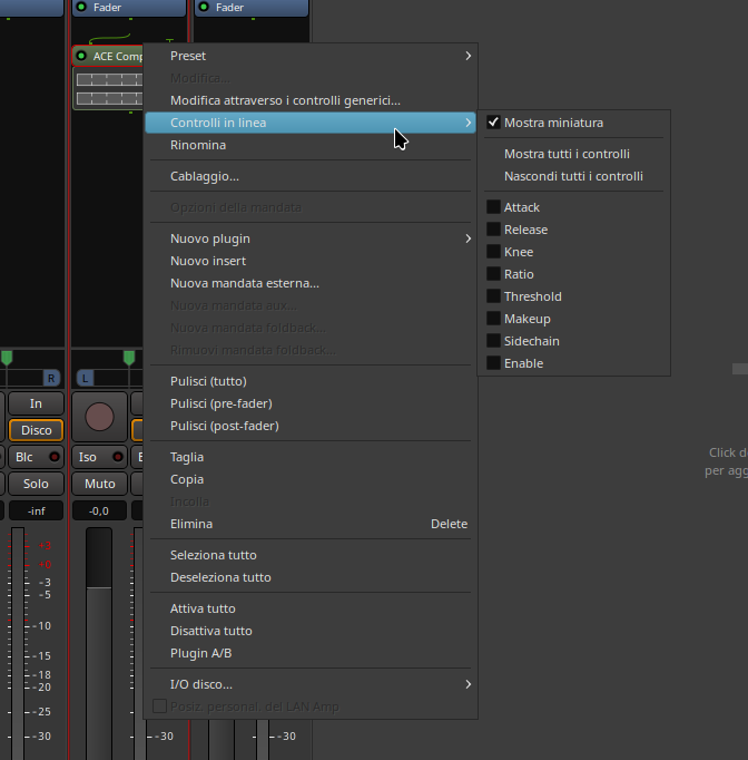 Sottomenu controlli in Ardour 8