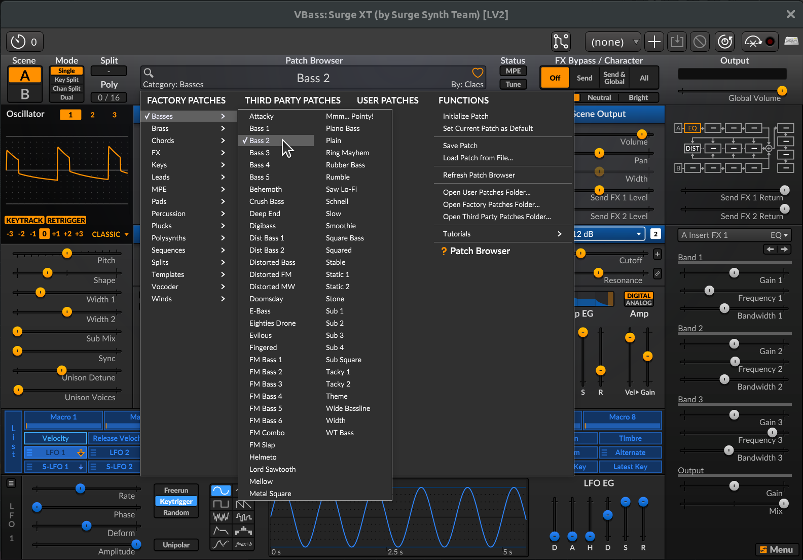 Selecting a bass patch in Surge XT