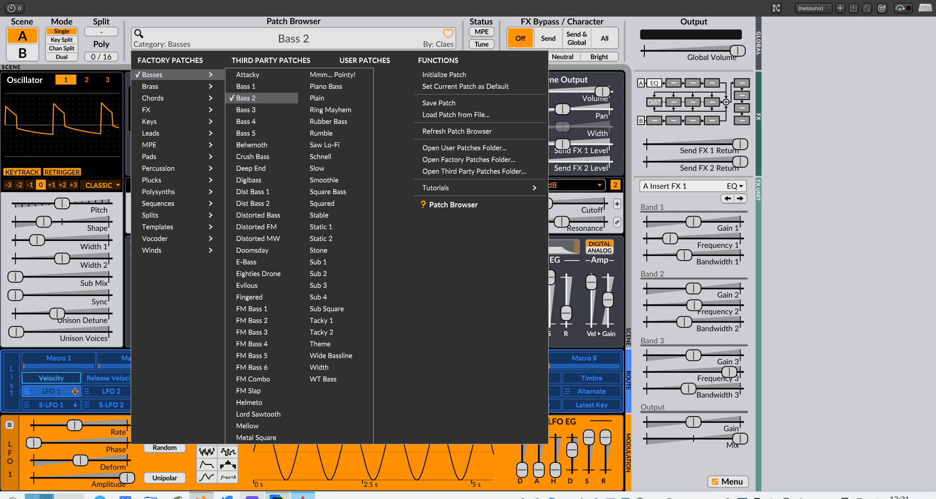 Selezione di una patch per basso in Surge XT