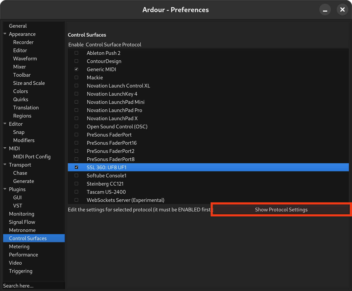 Control Surfaces page in Preferences