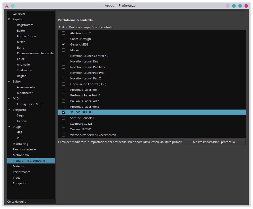 Pagina Piattaforme di controllo nelle Preferenze